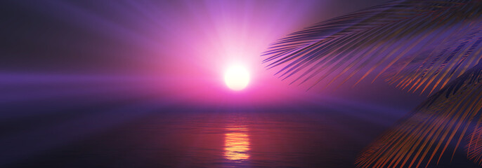 sunset sea palm landscape illustration