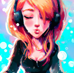 Digital painting cute anime beautiful girl in fantastic style. Cartoon woman face in japan style. Drawing illustration artwork.