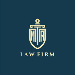 MA initial monogram for law firm with sword and shield logo image - obrazy, fototapety, plakaty