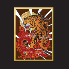 tiger illustration with japanese style background
