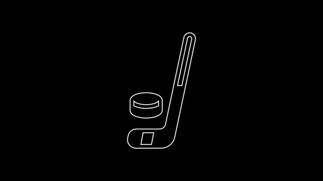 White line Ice hockey stick and puck icon isolated on black background. 4K Video motion graphic animation