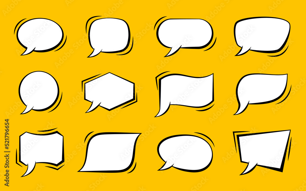 Poster pop art speech bubble set. retro sketch comic page text message balloon template. fun shapes speak c
