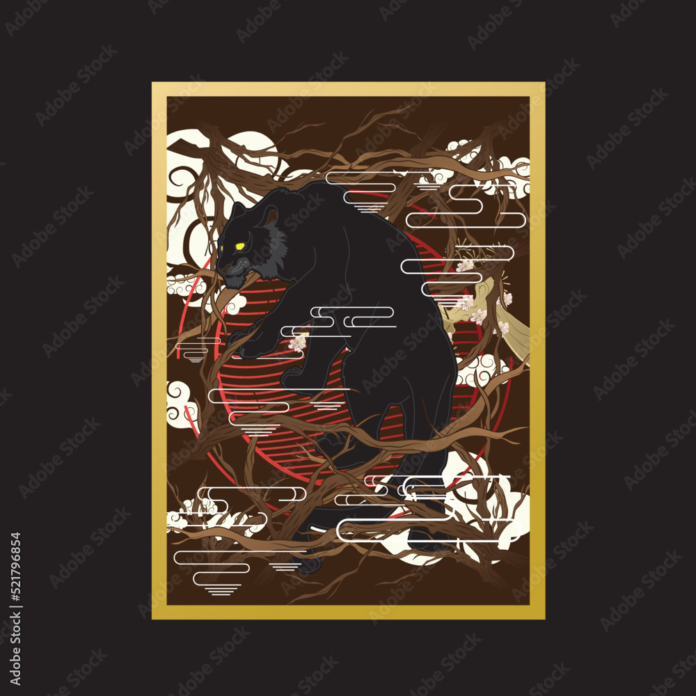 Poster jaguar illustration with japanese style background