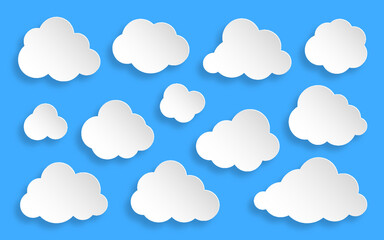 Paper cut clouds set on blue sky background. Forecast white cute cloud icon symbol collection. Cartoon style origami web banner with light and shadows. Various round shapes speech think bubble concept