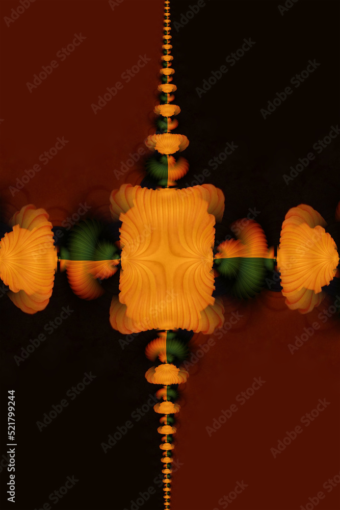 Poster complex design 3d fractal structure in orange and dark green