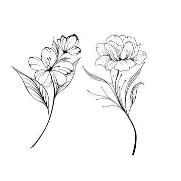 Beautiful sketch of a tattoo - a delicate twig with flowers . Flowers Periwinkle. Hand drawing. Outline. On a white background