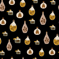 Witchcraft pattern with witch bottle poison with bugs, snake, serenet, spider magic elixir. Witchcraft potion bottle seamless background. Occult vector illustration. Alchemy design print. Esoteric.