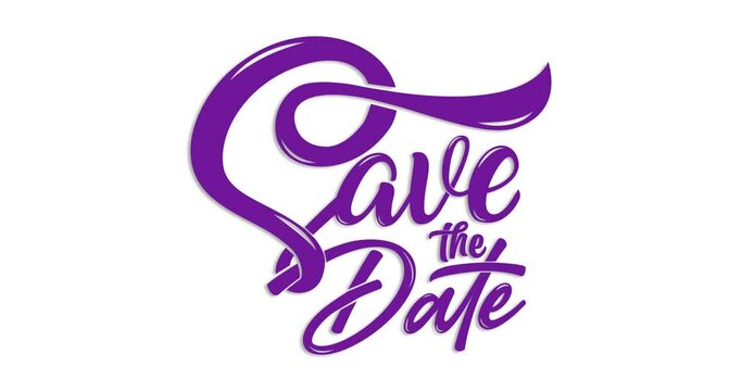 Text animation Save the date in purple and white color on the white screen and black screen alpha channel. This animated is suitable for wedding invitations video
