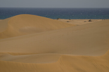 Sand dunes and Atlantic Ocean. Special Natural Reserve of the Maspalomas Dunes. San Bartolome de Tirajana. Gran Canaria. Canary Islands. Spain.