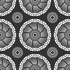 Abstract seamless vector pattern with round geometric shapes, symbols. Tribal pattern.