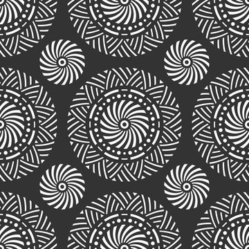 Abstract seamless vector pattern with round geometric shapes, symbolsm, striped triangles.