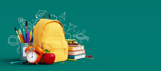 Yellow backpack with alarm clock and school equipment. Back to school concept on green background...