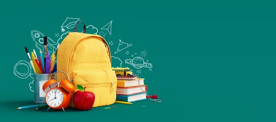 Foto op Aluminium Yellow backpack with alarm clock and school equipment. Back to school concept on green background 3D Rendering, 3D Illustration  © hd3dsh