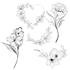 Big set Beautiful sketch of a tattoo - a delicate twig with flowers . Flowers Periwinkle. Hand drawing. Outline. On a white background