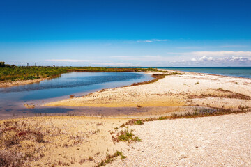 Wild beautiful beach on the Dzharylgach island in the Black Sea