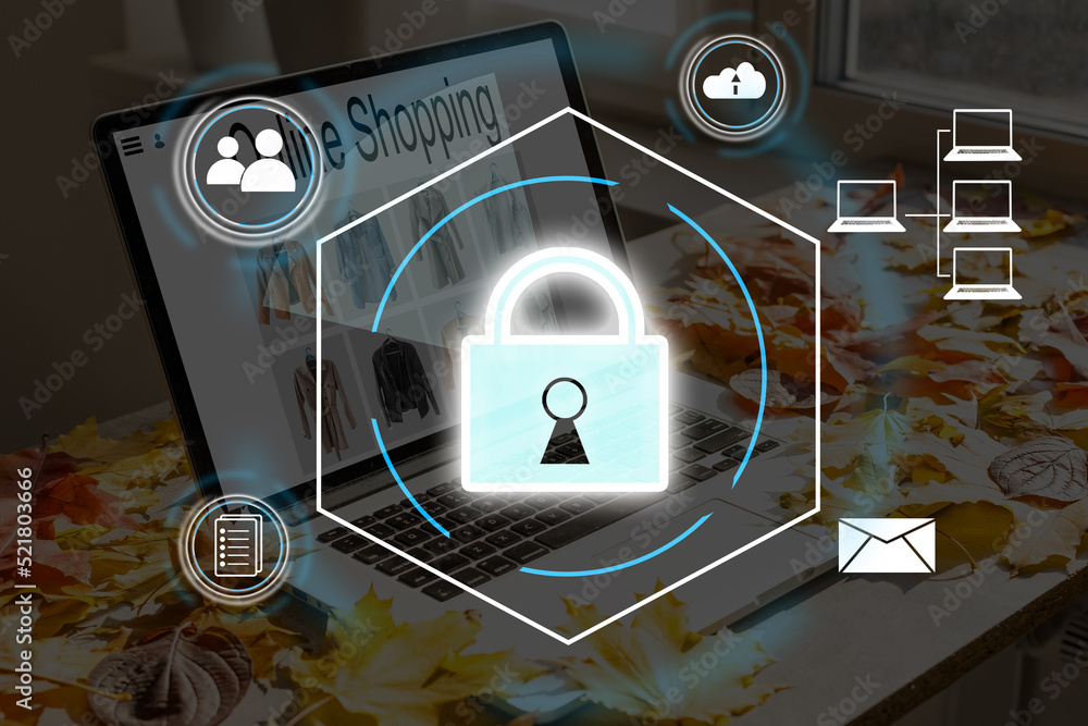 Poster digital padlock icon, cyber security network and data protection technology on virtual interface scr