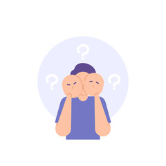 identity crisis, mysterious person, anonymous. a person with multiple personalities. lose identity. flat cartoon illustration. vector concept design