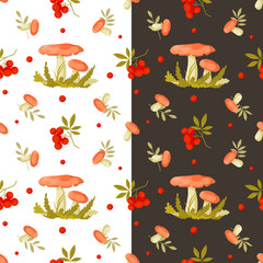  rowan and mushrooms vegetal seamless pattern