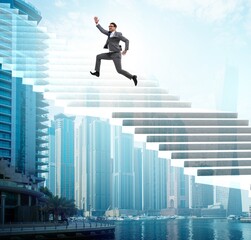 Businessman climbing career ladder over city
