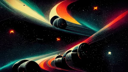 Fotobehang Retro futuristic, space wallpaper. 4K vintage background, colorful vintage abstract galaxy illustration. Colorful planets, spaceships flying through the galaxy.  © Fortis Design
