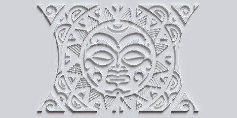 Maori polynesian pattern with sun face. 3d illustration