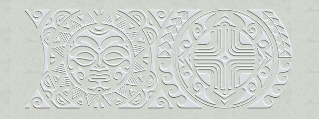 Maori polynesian pattern with sun face. 3d illustration