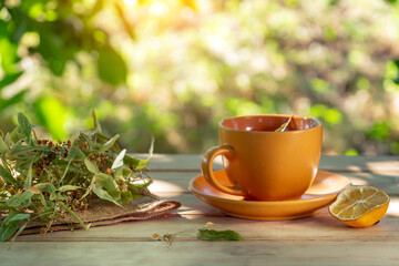 Healing drink with dry linden and lemon folk healers recommend for colds. Orange mug with steam on the table among nature