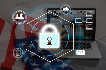 Virtual creative lock symbol and microcircuit illustration on USA flag and sunset sky background. Protection and firewall concept. Multiexposure.