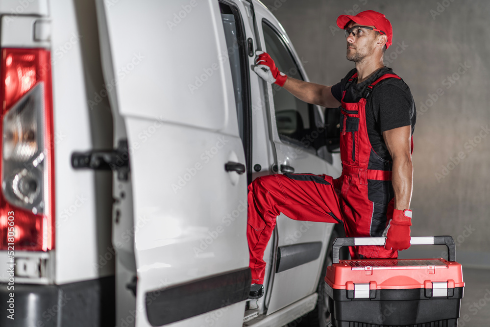 Wall mural repairman departing after successfully finished work