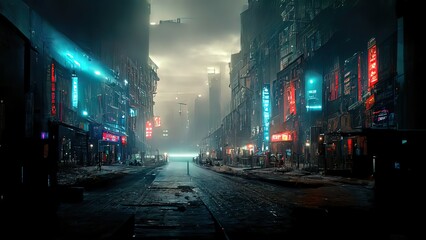 Illustratie van cyberpunkstraten, futuristische stad, dystopische kunstwerken & 39 s nachts, 4k-behang. Regen mistige, humeurige lege toekomst. Boze gebouwen