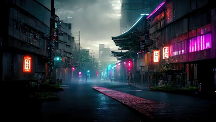 Cyberpunk japanese streets, asian street illustration, futuristic city, dystoptic artwork at night, 4k wallpaper. Rain foggy, moody empty future.