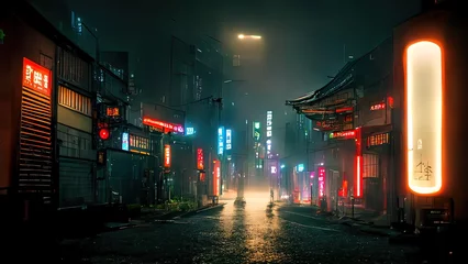Fototapeten Japanische Cyberpunk-Straßen, asiatische Straßenillustration, futuristische Stadt, dystopische Kunstwerke bei Nacht, 4k-Tapete. Regenneblig, launisch leere Zukunft. © Fortis Design