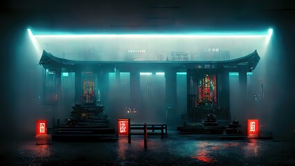 Cyberpunk-tempel, Japanse abstracte illustratie, futuristische stad, dystopisch kunstwerk & 39 s nachts, 4k behang. Regen humeurig lege toekomst.