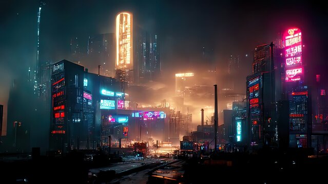 Cyberpunk streets illustration, futuristic city, dystoptic artwork at night, 4k wallpaper. Rain foggy, moody empty future. Evil buildings
