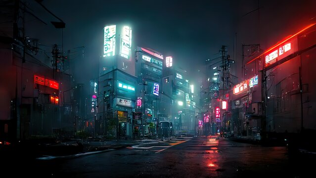 Cyberpunk streets illustration, futuristic city, dystoptic artwork at night, 4k wallpaper. Rain foggy, moody empty future © Fortis Design