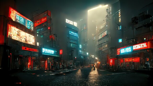 Cyberpunk streets, futuristic city, wallpaper, rain, foggy, dystopia, moody  empty future, art illustration Stock Illustration