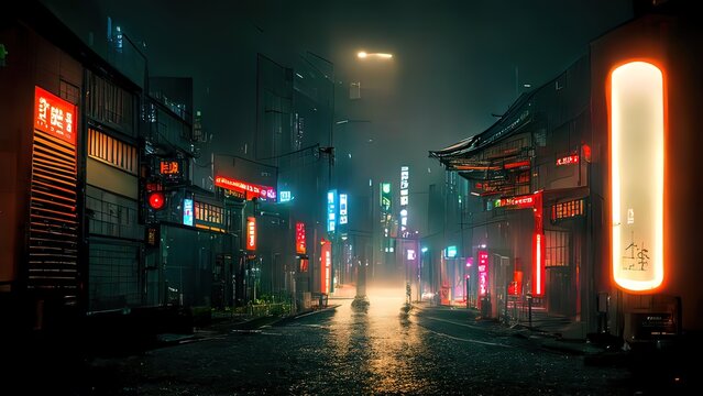 Cyberpunk japanese streets, asian street illustration, futuristic city, dystoptic artwork at night, 4k wallpaper. Rain foggy, moody empty future.