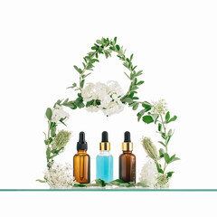 Natural Beauty bag. green leaves and white flowers make a bag purse frame shape with three assorted dropper bottles. transparent essential oil face serum vials. Natural environment friendly cosmetics