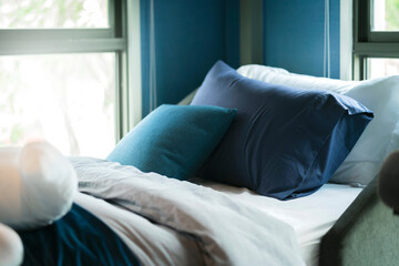 bedroom interior design element concept arrange of soft pillows and blanket on the bed in bedroom...