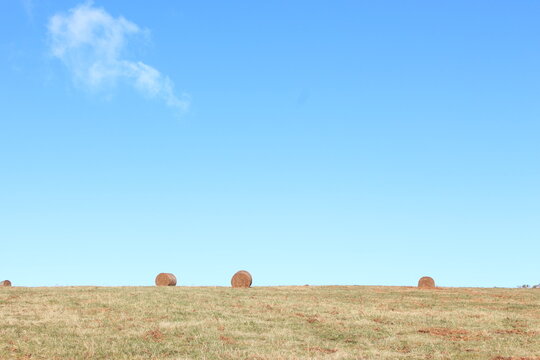 A photograph of hay bales on a farm on an autumnal day. Rural landscape scene in Wales. 