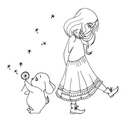 vector coloring page with cute cartoon anime girl