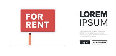 Real estate rent sign urban house and modern house exterior facade sign with rent word flat vector illustration.