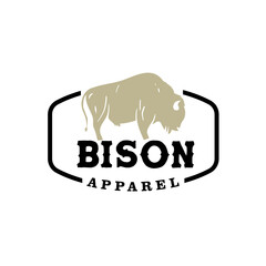 Grey bison silhouette logo template in black frame vector illustration with text isolated on white background perfect for company logo