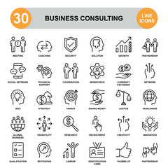 Business Consulting. icon set contains such icons as silhouette, thumbs up, target, jigsaw puzzle, gear, chess, dollar sign, etc