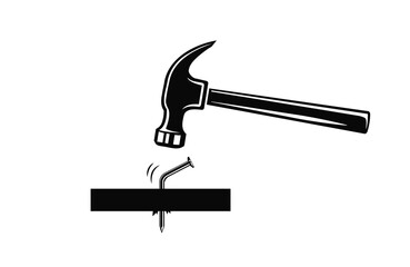 Hammer hitting bent nail, carpenter hammer with bent nail, repair fail, construction fail symbol