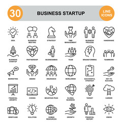 Business startup. icon set contains such icons as light bulb, rocketship, umbrella, jigsaw puzzle, cloud, thropy, silhouette, etc