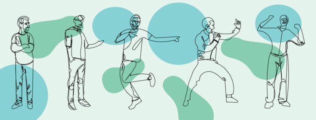 Lineart set of men posing. Men in funny positures, expressing different emotions. Vector illustration.