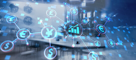 Investment and Trade Concept. World Currency Icons on City background. Mixed Media