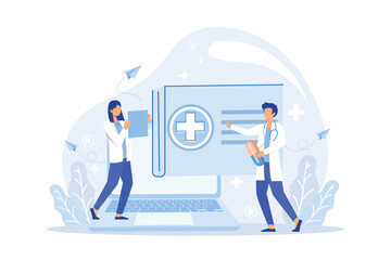 Online Doctor Concept, Showing online healthcare consultation using a mobile apps, Suitable for landing page, UI, web, App intro card, editorial flat vector illustration