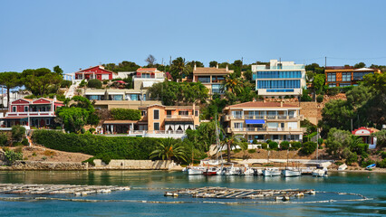 Architecture of houses on the coast of the port of Mahon (Mao) in Menorca, Spain